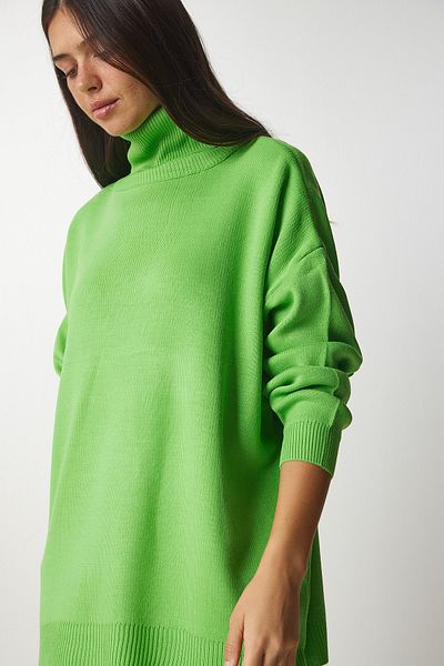 Happiness İstanbul Hellgrüner Rollkragenpullover in Übergröße für Damen BV00084