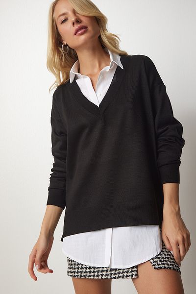 Happiness İstanbul Schwarzer Oversize-Strickpullover mit V-Ausschnitt für Damen BV00082