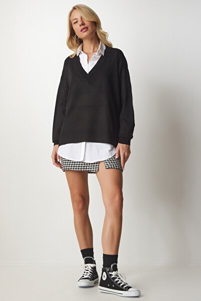 Happiness İstanbul Dámský černý oversize pletený svetr s výstřihem do V BV00082