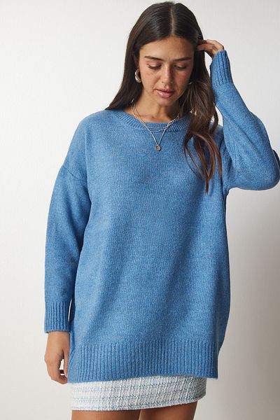 Happiness İstanbul Dámsky indigovo modrý oversize pulóver PN00054