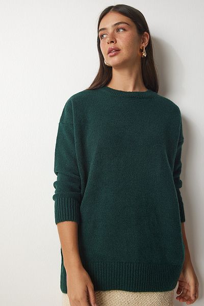 Happiness İstanbul Dunkelgrüner Oversize-Strickpullover für Damen PN00054