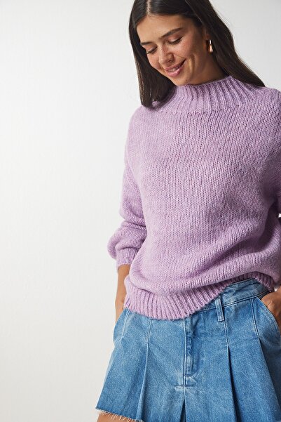 Happiness İstanbul Pulover MX00127 pentru damă, cu guler stand, tricotaj de bază