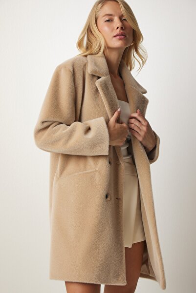 Happiness İstanbul Dámský béžový kabát z králičího peří oversize kabát MX00105