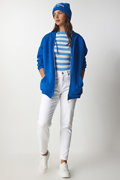 Happiness İstanbul Γυναικείο μπλουζάκι υπερμεγέθης με μπλε κουκούλα με φερμουάρ UB00124