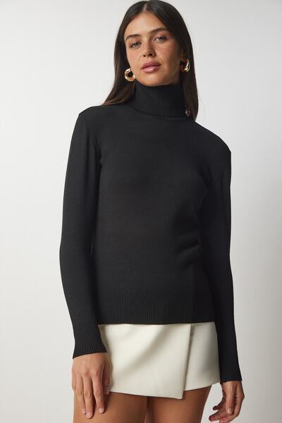 Happiness İstanbul Pulover de damă negru cu gât tricotat cu nervuri bv00087