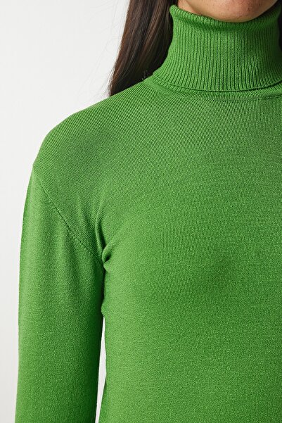 Happiness İstanbul Pulover de damă verde cu gât țesut din tricot cu nervuri bv00087