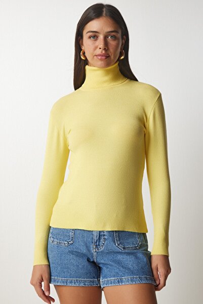 Happiness İstanbul Women's Yellow Turtleneck Ribbed Knitwear Sweater bv00087