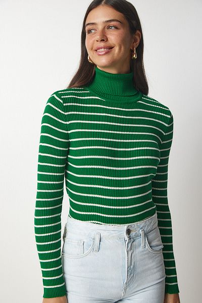 Happiness İstanbul Women's Green Striped Turtleneck Knitwear Sweater BP00146