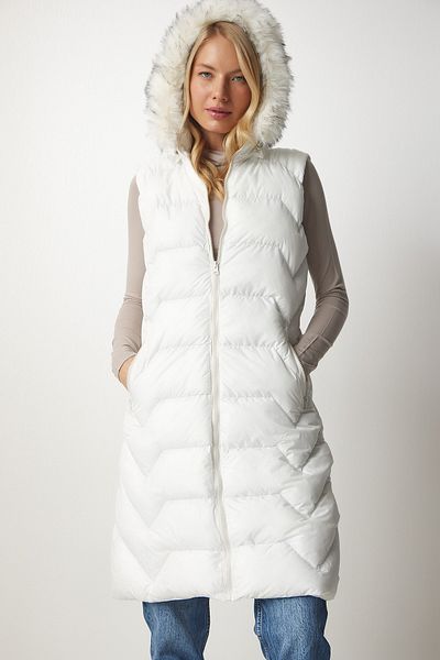 Happiness İstanbul Lange Pufferweste mit Kapuze für Damen, weiß, DD01246