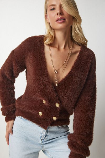 Happiness İstanbul Dámský hnědý měkký vousatý pletený cardigan NF00066