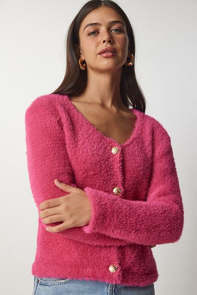 Happiness İstanbul Rosafarbene, weiche Strickjacke mit Bärtchen für Damen NF00067