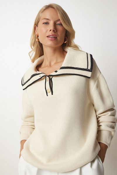 Happiness İstanbul Pulover din tricot cu guler polo crem BV00090