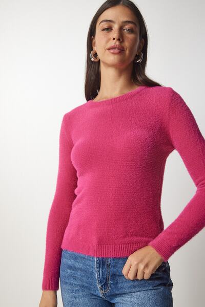 Happiness İstanbul Fuchsiafarbener Basic-Strickpullover mit Bärtchen für Damen MX00116