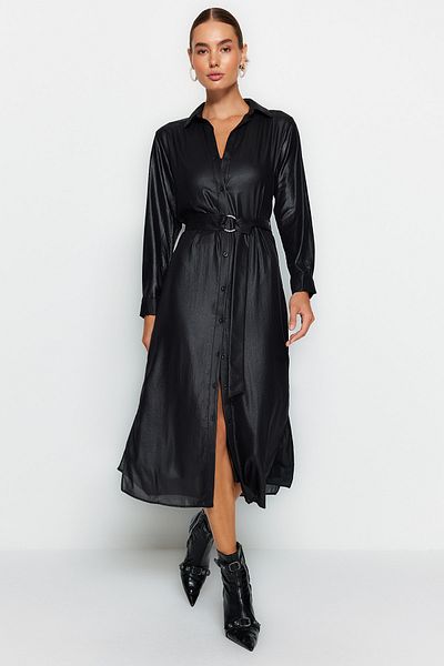 Trendyol Collection Zimní černé páskové maxi košilové šaty - Twoaw24El00325
