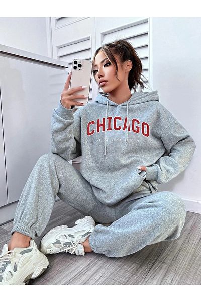 Keywest Σετ φούτερ Unisex Chicago America με στάμπα Oversize 3 νημάτων με κουκούλα