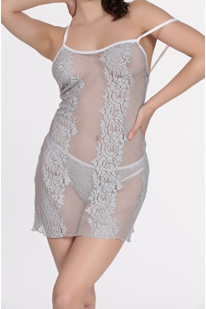 TİESSİ Anthracite Colored Lace Tulle Nightgown - Women's Fancy Home Dress