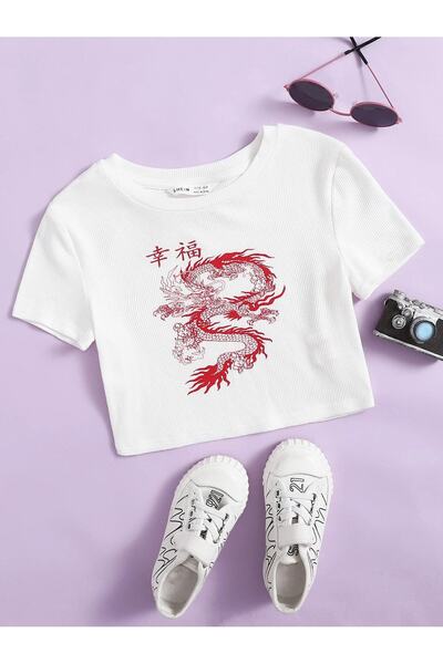 Jose Clothing BLUZĂ CROP TOP CU MÂNECĂ SCURTĂ, ALBĂ, IMPRIMATĂ PENTRU FEMEI