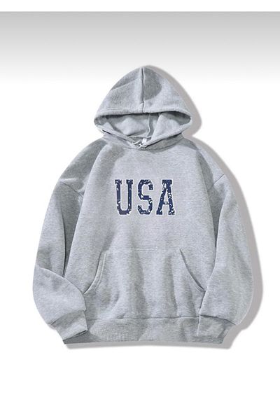 My Blog Gray USA Printed Oversize Hooded Sweatshirt