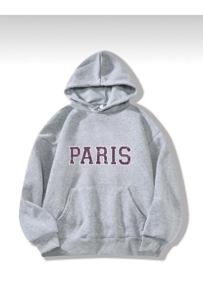 My Blog Hanorac cu glugă supradimensionat cu imprimeu Paris gri