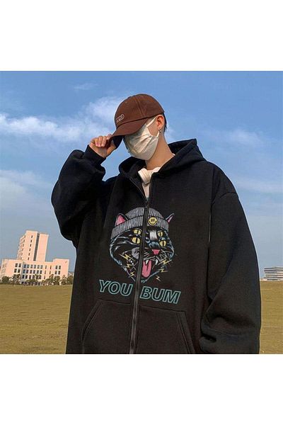 Touz Ζακέτα LAGOM FASHION You Bum Cat με στάμπα μεγάλου μεγέθους με φερμουάρ, μαύρη κουκούλα Unisex