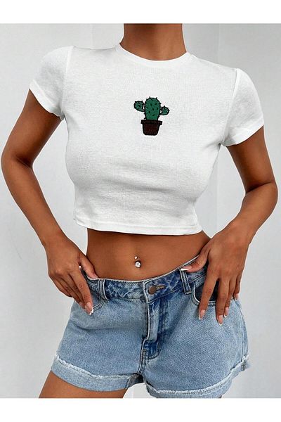 Jose Clothing Γυναικείο Crop Top με ριμπ εμπριμέ λευκό - κοντό μανίκι