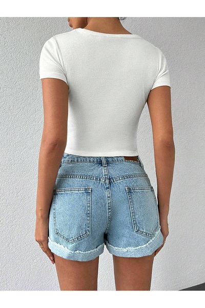 Jose Clothing Λευκό εμπριμέ γυναικείο Crop Top - Κοντό μανίκι, μπλούζα που εφαρμόζει στο σώμα