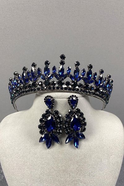 Hayalperest boncuk Pedro Bridal Crown Drop Stone Detailed Shuttle Stone Earring Set Wedding Henna Crown Blue Color
