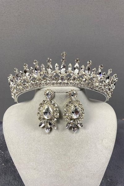 Hayalperest boncuk Pedro Bridal Crown Drop Stone Detailed Shuttle Stone Earring Set Wedding Henna Crown Silver Color
