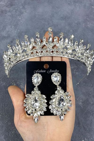 Hayalperest boncuk Petro Model Henna Crown and Shuttle Stone Detailed Drop Stone Earring Set Silver Color