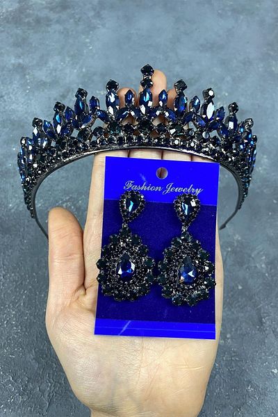 Hayalperest boncuk Petro Model Bridal Henna Crown and Shuttle Stone Earring Set Blue Color