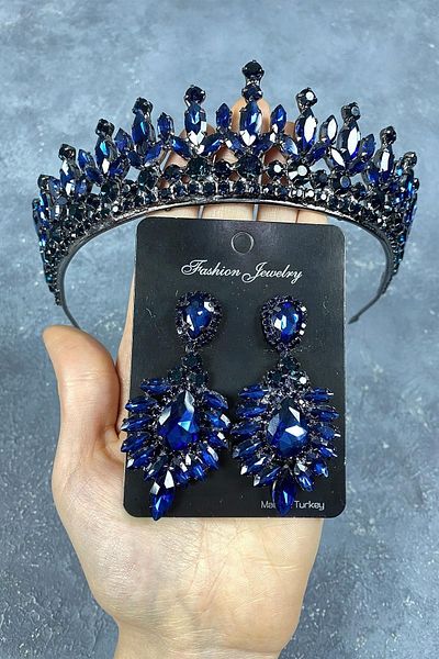 Hayalperest boncuk Petro Model Henna Crown and Shuttle Stone Detailed Drop Stone Earring Set Blue Color