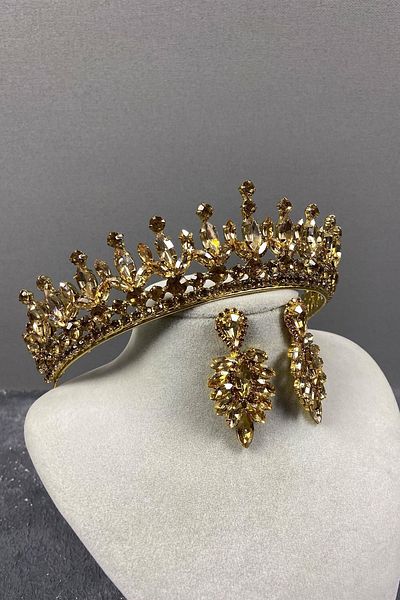 Hayalperest boncuk Petro Henna Crown Crystal Jewelled Crown and Drop Stone Earring Set Honey Color