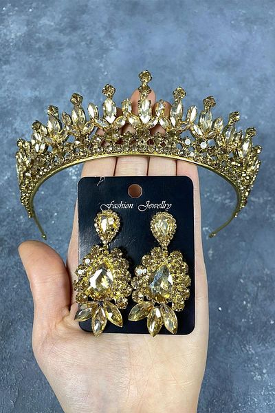Hayalperest boncuk Pedro Bridal Crown Drop Stone Detailed Shuttle Stone Earring Set Wedding Henna Crown Honey Color