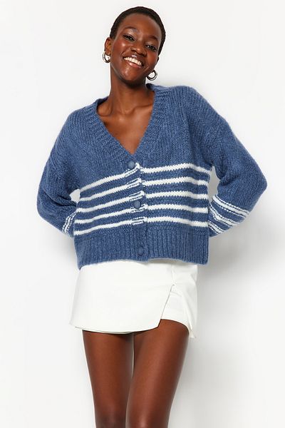 Trendyol Collection Indigo Soft Textured Striped Knitwear Cardigan TWOAW24HI00118