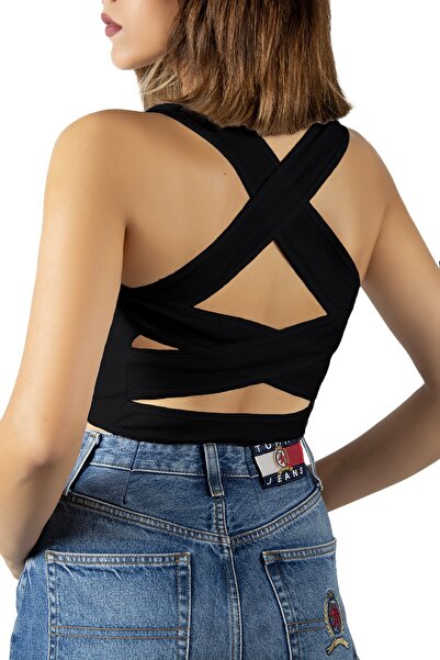 VEAVEN Black Fitted Square Neck Crop Blouse with Back Detail