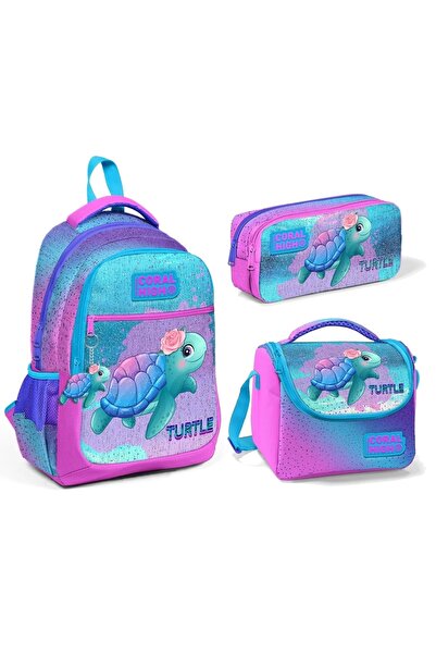 Coral High Kaplumbağa Desenli Üç Bölmeli Okul Çantası Beslenme Kalemlik 3 lü ...
