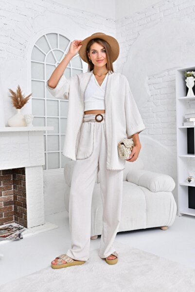 VOLT CLOTHİNG Women's Belted Linen Kimono Set