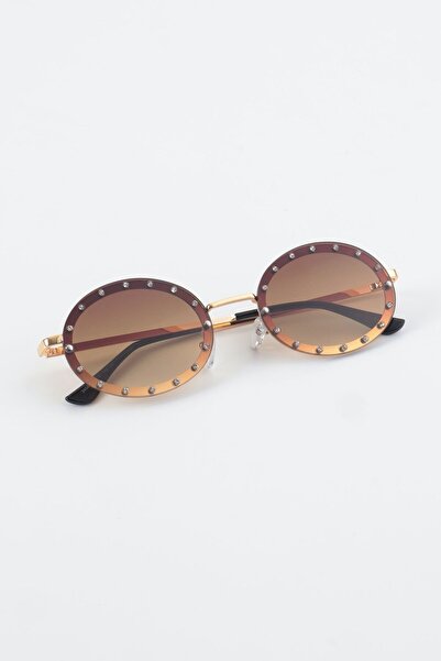 Kapin Taşlı Oval Güneş Gözlüğü - Kahverengi