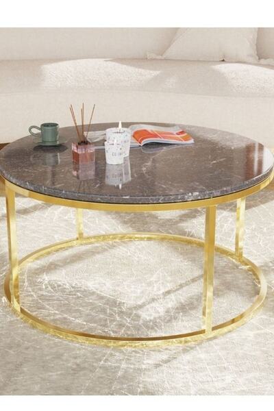 Evka Potrica Yuvarlak Orta Sehpa Pirinç Ayak Siyah Mermer Tabla