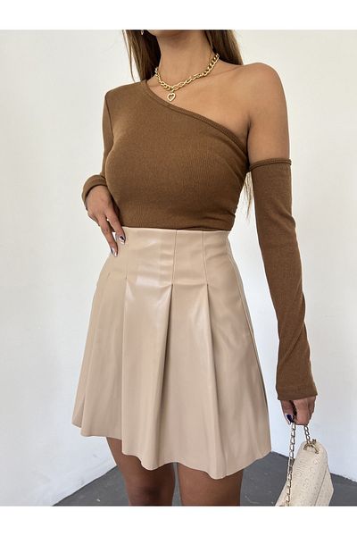 Fav Style Fustă mini din piele plisată cu talie înaltă de damă, bej