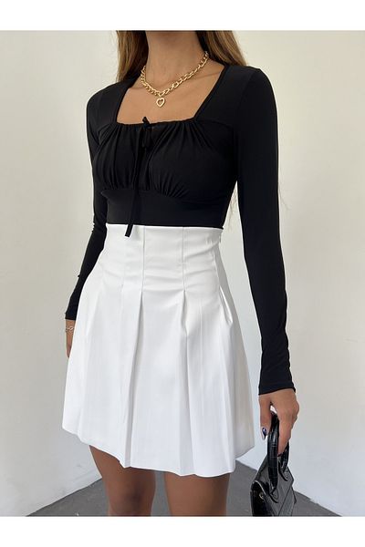 Fav Style Fustă mini din piele plisată cu talie înaltă de damă, albă