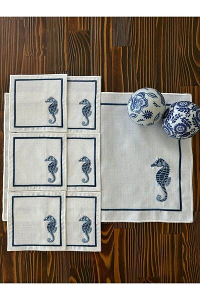 Lilies Atelier Deniz Atı Marin Desen Keten 6 Adet Kokteyl Peçetesi Takım Sunu...