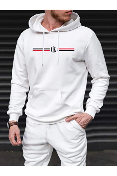 Adrift Unisex Γυναικείο/Ανδρικό λευκό φούτερ με στάμπα OK με κουκούλα