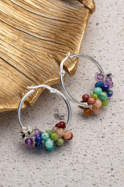 ÇAKRA DOĞAL TAŞ 925 Ayar Gümüş 7'li Çakra 3-4mm Doğal Taşlı Halka Gümüş Küpe