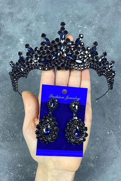 Hayalperest boncuk Tokyo Model Wedding Crown Henna Crown Shuttle Stone Earrings Bridal Crown Set Navy Blue Color