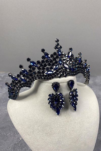 Hayalperest boncuk Tokyo Model Bridal Henna Crown and Drop Stone Earring Set Navy Blue Color