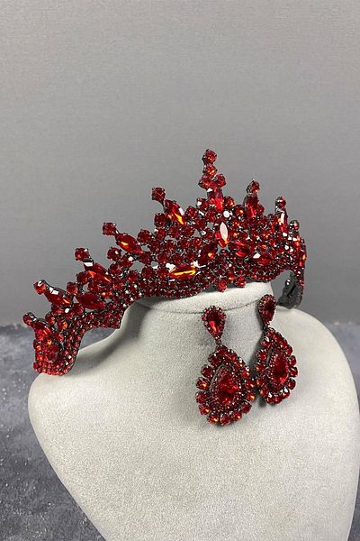 Hayalperest boncuk Tokyo Model Wedding Crown Henna Crown Shuttle Stone Earrings Bridal Crown Set Red Color