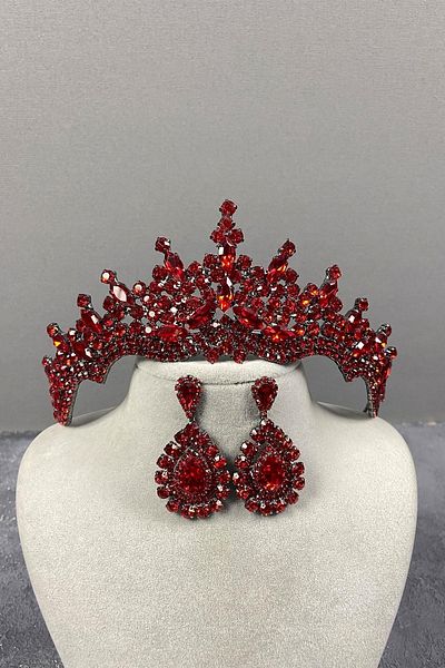 Hayalperest boncuk Tokyo Model Wedding Crown Henna Crown Shuttle Stone Earrings Bridal Crown Set Red Color
