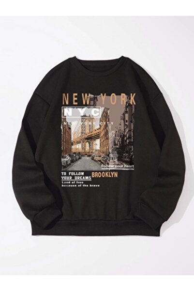 Adrift Newyork NYC Hanorac colorat din bumbac, supradimensionat, cu gât tip c...