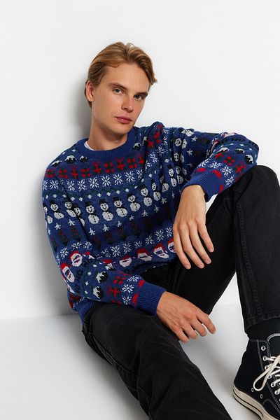 Trendyol Collection Jacquard Blue Knitwear Sweater - Crew Neck, Regular Fit TMNAW23KZ00226